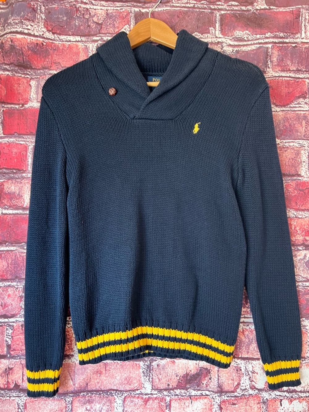 Ralph Lauren Navy Turtleneck Sweater with Yellow Stripe Accents